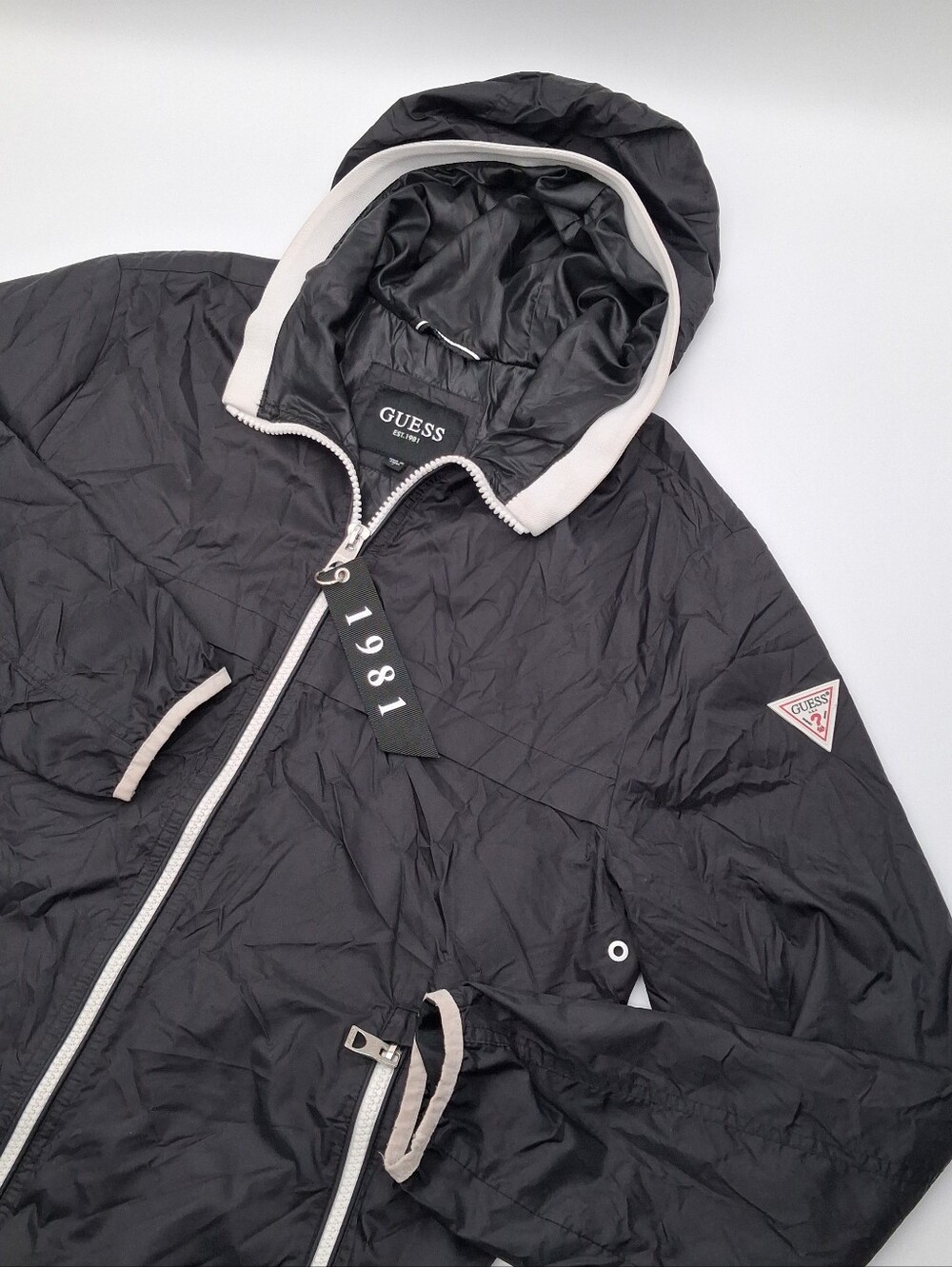 Guess Black Hooded Large Jacket/Windbreaker with White Trim Accents Vintage